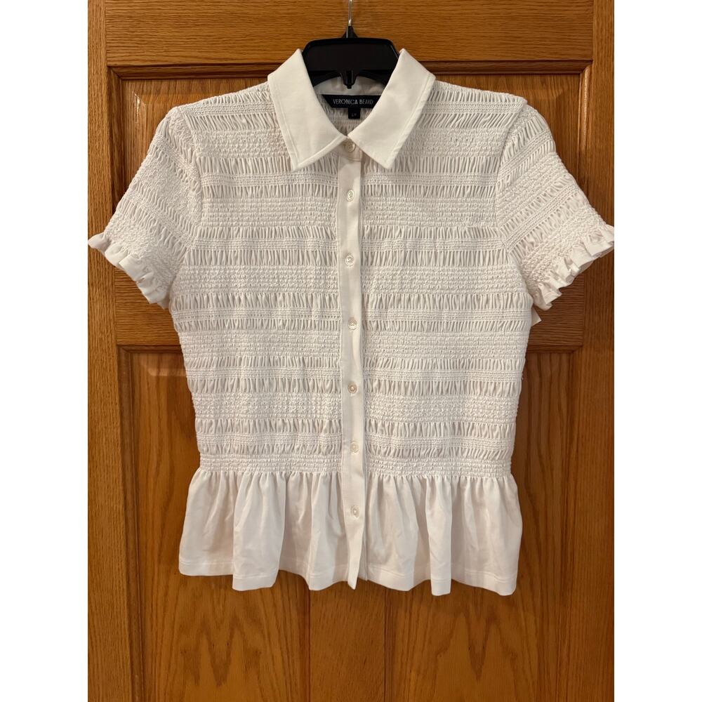 Chic Veronica Beard Ellisandra Smocked Jersey Button-Down Top - Picture 4 of 6